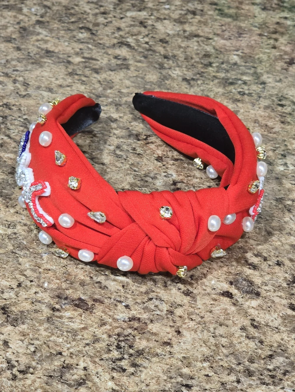 4th Of July USA Embellished Red Knot Headband with Crystal Letters